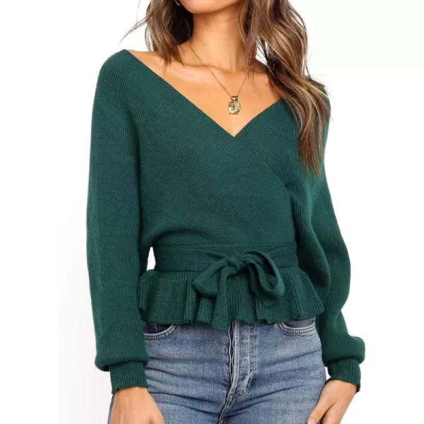 ZESICA Womens 2024 Fall Wrap V Neck Long Batwing Sleeve Belted Waist Ruffle Knitted Sweater Pullover TopGreen