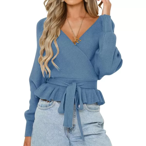 ZESICA Womens 2024 Fall Wrap V Neck Long Batwing Sleeve Belted Waist Ruffle Knitted Sweater Pullover TopMidnightblue