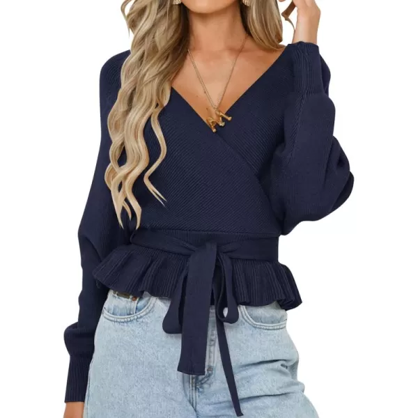 ZESICA Womens 2024 Fall Wrap V Neck Long Batwing Sleeve Belted Waist Ruffle Knitted Sweater Pullover TopNavy
