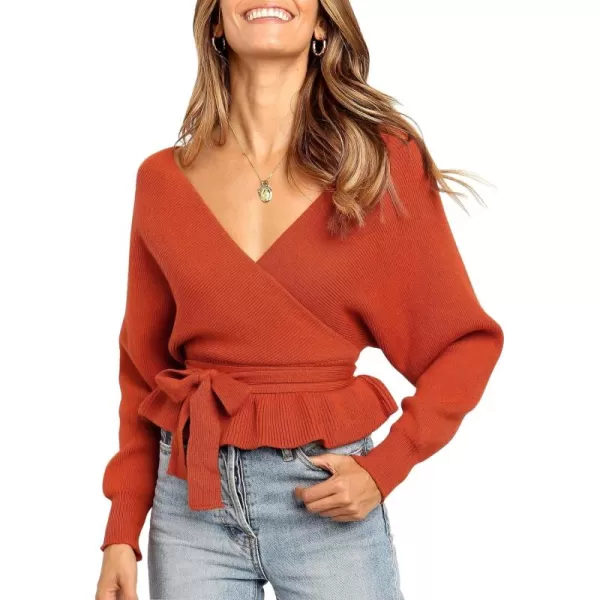 ZESICA Womens 2024 Fall Wrap V Neck Long Batwing Sleeve Belted Waist Ruffle Knitted Sweater Pullover TopOrange