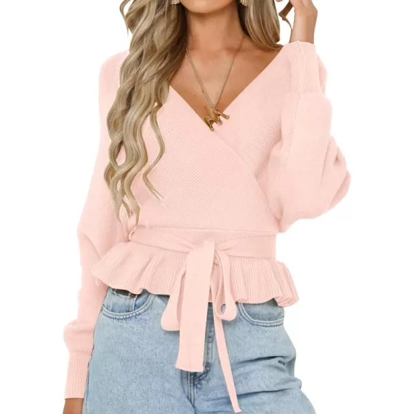 ZESICA Womens 2024 Fall Wrap V Neck Long Batwing Sleeve Belted Waist Ruffle Knitted Sweater Pullover TopPink