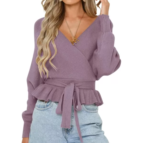 ZESICA Womens 2024 Fall Wrap V Neck Long Batwing Sleeve Belted Waist Ruffle Knitted Sweater Pullover TopPurple