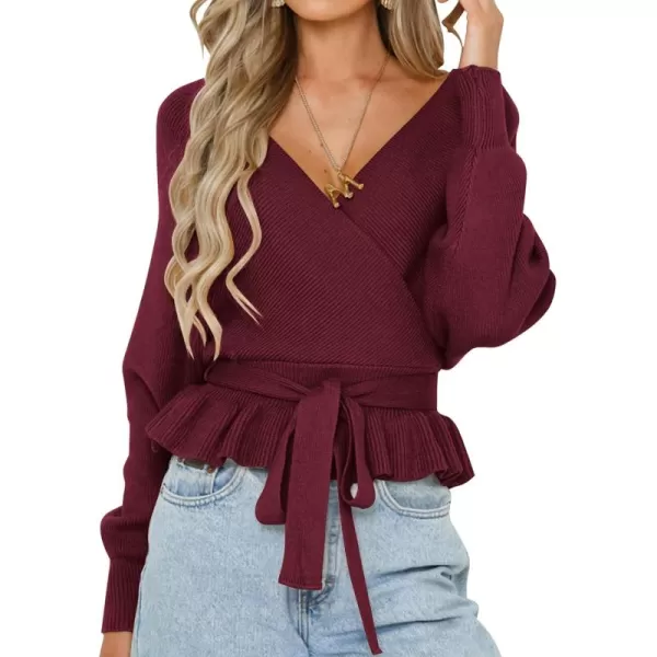 ZESICA Womens 2024 Fall Wrap V Neck Long Batwing Sleeve Belted Waist Ruffle Knitted Sweater Pullover TopWine