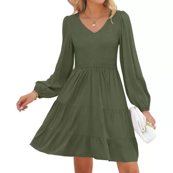 ZESICA Womens Casual V Neck Long Sleeve Smocked High Waist Ruffle A Line Tiered Mini DressArmygreen
