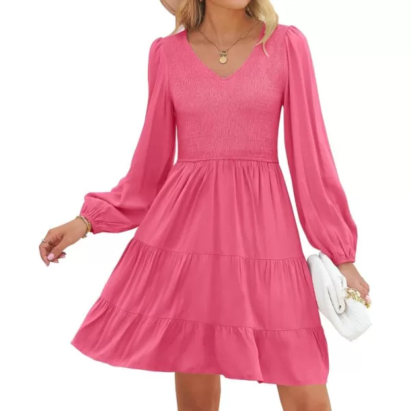 ZESICA Womens Casual V Neck Long Sleeve Smocked High Waist Ruffle A Line Tiered Mini DressHotpink