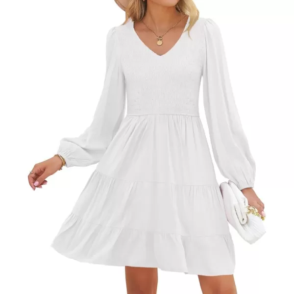 ZESICA Womens Casual V Neck Long Sleeve Smocked High Waist Ruffle A Line Tiered Mini DressWhite
