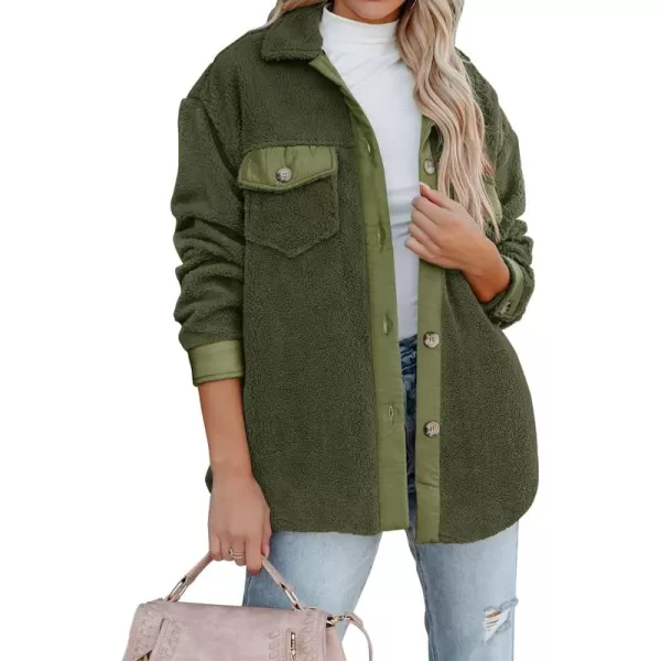 ZESICA Womens Winter Casual Sherpa Fleece Jacket Long Sleeve Button Solid Warm Fuzzy Outwear Coat PocketsArmy Green