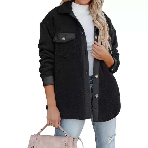 ZESICA Womens Winter Casual Sherpa Fleece Jacket Long Sleeve Button Solid Warm Fuzzy Outwear Coat PocketsBlack