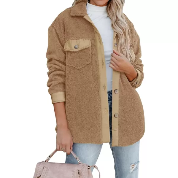 ZESICA Womens Winter Casual Sherpa Fleece Jacket Long Sleeve Button Solid Warm Fuzzy Outwear Coat PocketsCamel