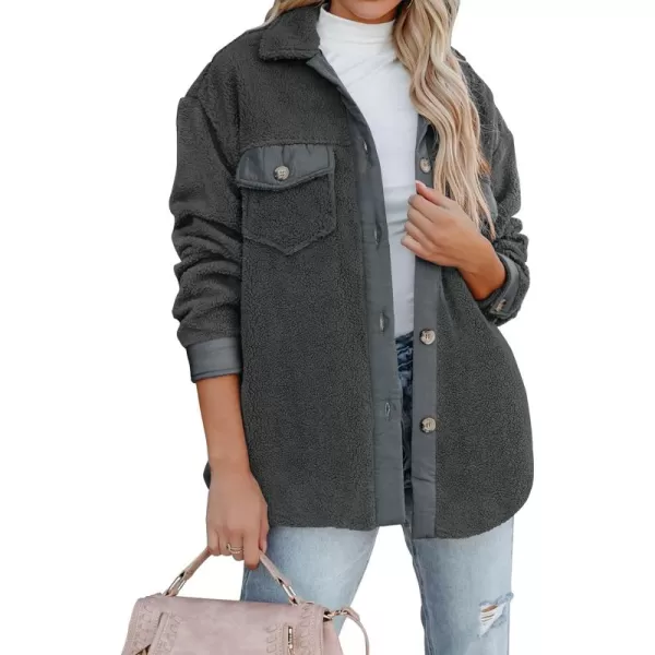 ZESICA Womens Winter Casual Sherpa Fleece Jacket Long Sleeve Button Solid Warm Fuzzy Outwear Coat PocketsDark Grey