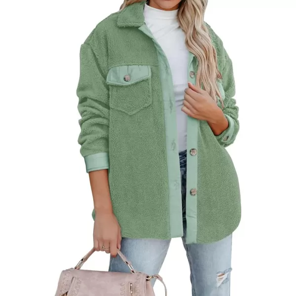 ZESICA Womens Winter Casual Sherpa Fleece Jacket Long Sleeve Button Solid Warm Fuzzy Outwear Coat PocketsGreen