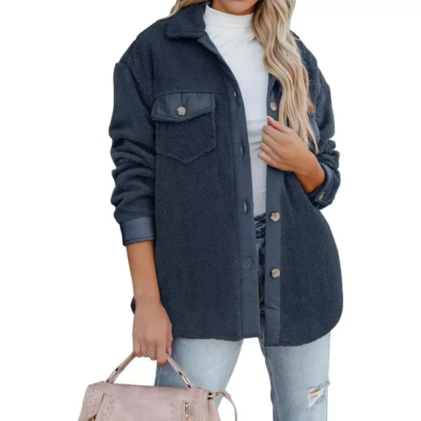 ZESICA Womens Winter Casual Sherpa Fleece Jacket Long Sleeve Button Solid Warm Fuzzy Outwear Coat PocketsNavy Blue