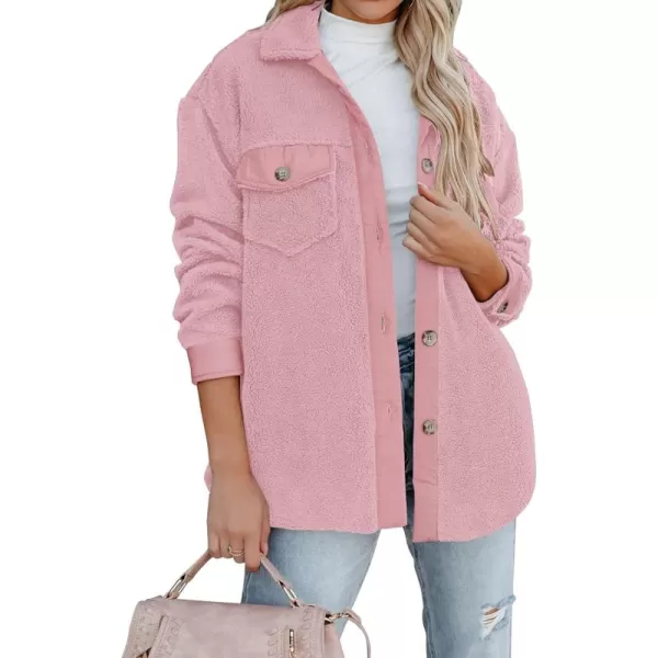 ZESICA Womens Winter Casual Sherpa Fleece Jacket Long Sleeve Button Solid Warm Fuzzy Outwear Coat PocketsPink