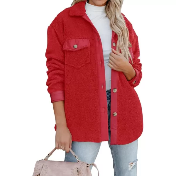 ZESICA Womens Winter Casual Sherpa Fleece Jacket Long Sleeve Button Solid Warm Fuzzy Outwear Coat PocketsRed