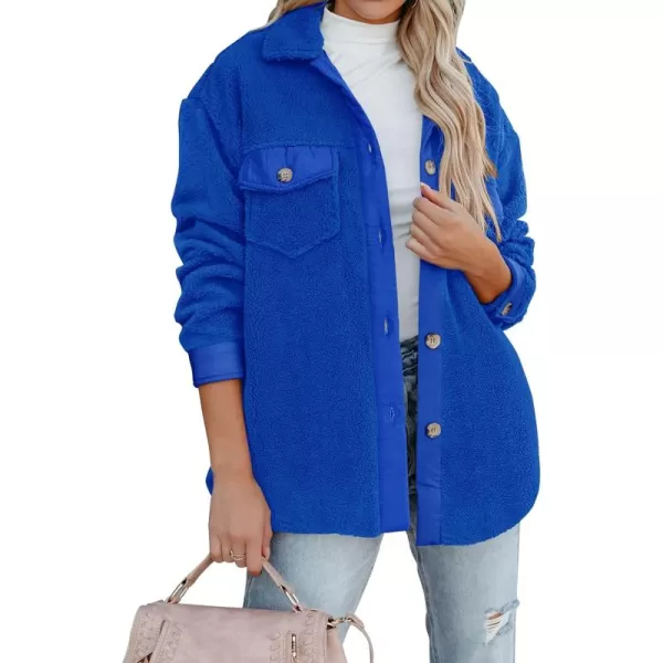 ZESICA Womens Winter Casual Sherpa Fleece Jacket Long Sleeve Button Solid Warm Fuzzy Outwear Coat PocketsRoyal Blue