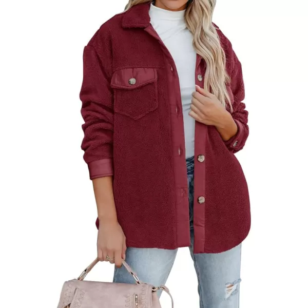 ZESICA Womens Winter Casual Sherpa Fleece Jacket Long Sleeve Button Solid Warm Fuzzy Outwear Coat PocketsWine