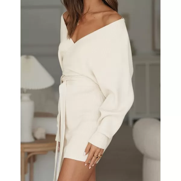 ZESICA Womens 2024 Fall Long Batwing Sleeve Wrap V Neck Knitted Backless Bodycon Pullover Sweater Dress with BeltApricot