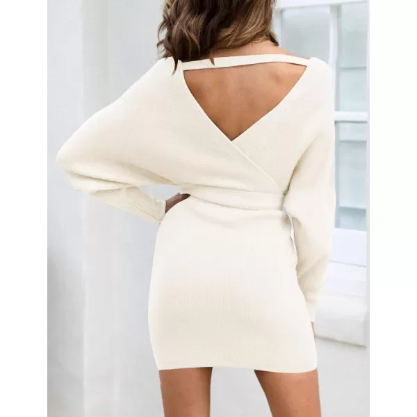 ZESICA Womens 2024 Fall Long Batwing Sleeve Wrap V Neck Knitted Backless Bodycon Pullover Sweater Dress with BeltApricot