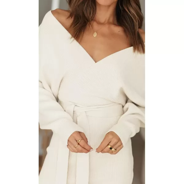 ZESICA Womens 2024 Fall Long Batwing Sleeve Wrap V Neck Knitted Backless Bodycon Pullover Sweater Dress with BeltApricot
