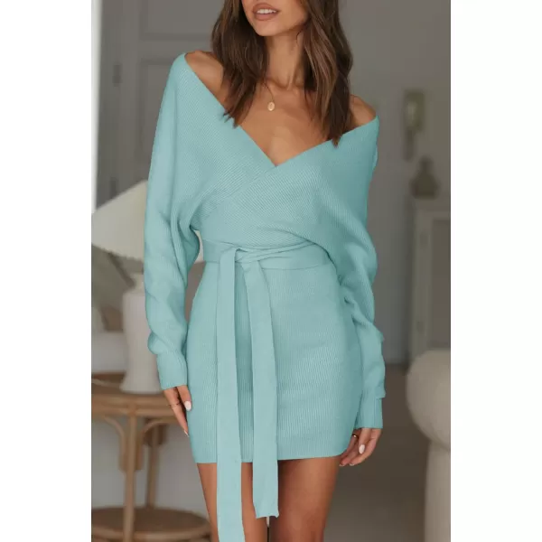 ZESICA Womens 2024 Fall Long Batwing Sleeve Wrap V Neck Knitted Backless Bodycon Pullover Sweater Dress with BeltAqua