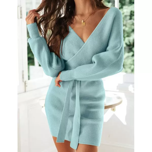 ZESICA Womens 2024 Fall Long Batwing Sleeve Wrap V Neck Knitted Backless Bodycon Pullover Sweater Dress with BeltAqua
