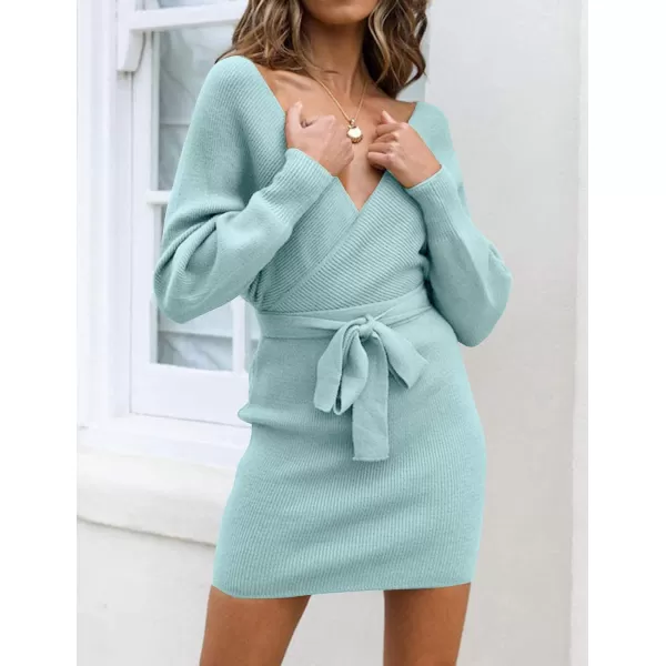 ZESICA Womens 2024 Fall Long Batwing Sleeve Wrap V Neck Knitted Backless Bodycon Pullover Sweater Dress with BeltAqua