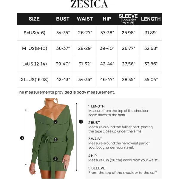 ZESICA Womens 2024 Fall Long Batwing Sleeve Wrap V Neck Knitted Backless Bodycon Pullover Sweater Dress with BeltArmygreen