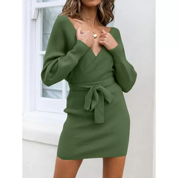 ZESICA Womens 2024 Fall Long Batwing Sleeve Wrap V Neck Knitted Backless Bodycon Pullover Sweater Dress with BeltArmygreen