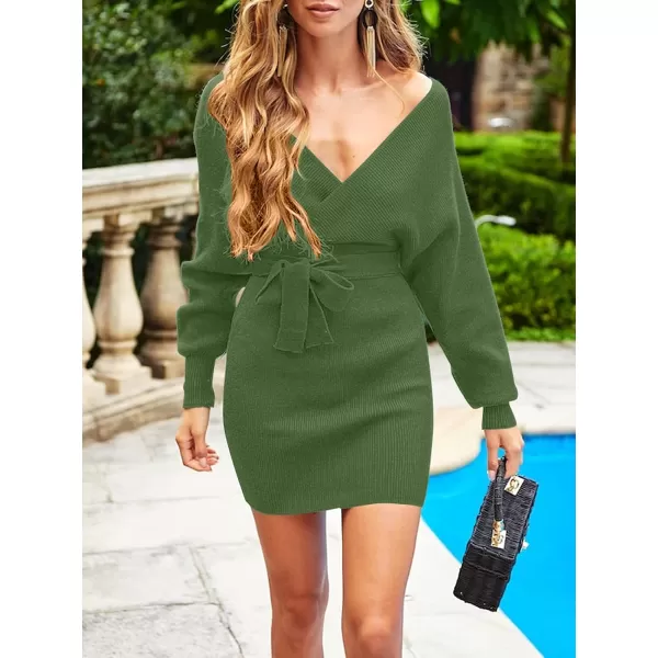 ZESICA Womens 2024 Fall Long Batwing Sleeve Wrap V Neck Knitted Backless Bodycon Pullover Sweater Dress with BeltArmygreen