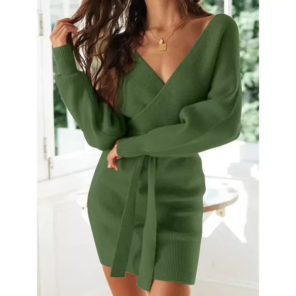 ZESICA Womens 2024 Fall Long Batwing Sleeve Wrap V Neck Knitted Backless Bodycon Pullover Sweater Dress with BeltArmygreen