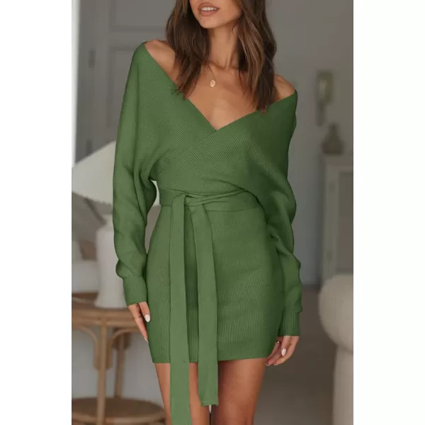 ZESICA Womens 2024 Fall Long Batwing Sleeve Wrap V Neck Knitted Backless Bodycon Pullover Sweater Dress with BeltArmygreen