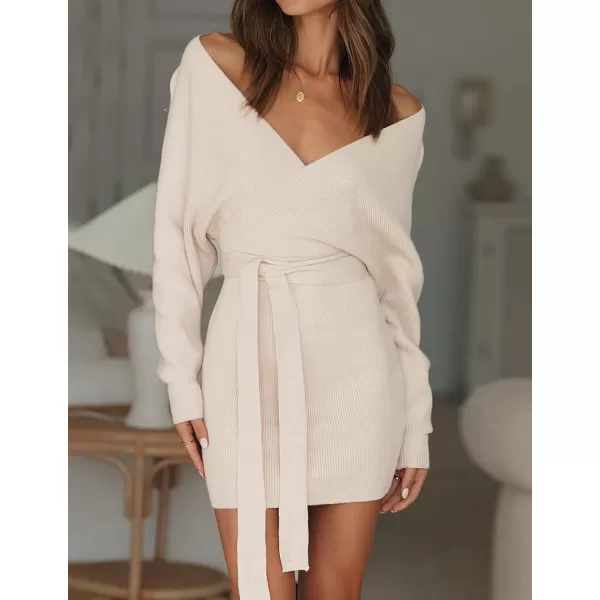 ZESICA Womens 2024 Fall Long Batwing Sleeve Wrap V Neck Knitted Backless Bodycon Pullover Sweater Dress with BeltBeige
