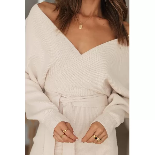 ZESICA Womens 2024 Fall Long Batwing Sleeve Wrap V Neck Knitted Backless Bodycon Pullover Sweater Dress with BeltBeige