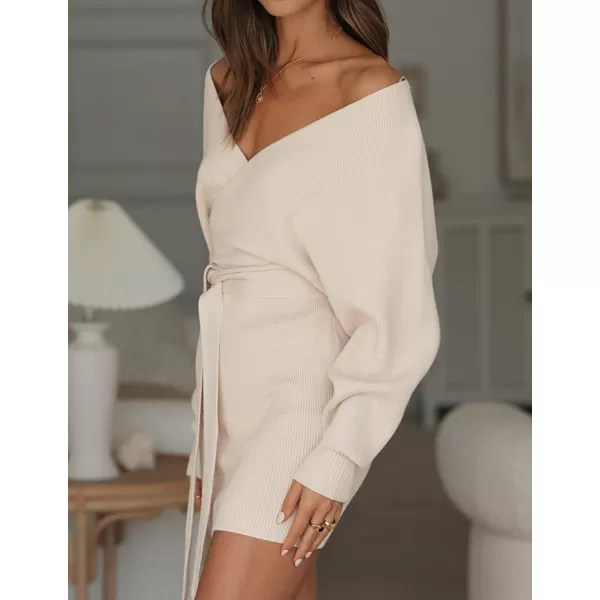 ZESICA Womens 2024 Fall Long Batwing Sleeve Wrap V Neck Knitted Backless Bodycon Pullover Sweater Dress with BeltBeige
