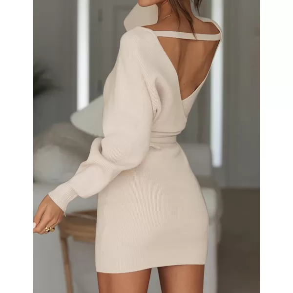 ZESICA Womens 2024 Fall Long Batwing Sleeve Wrap V Neck Knitted Backless Bodycon Pullover Sweater Dress with BeltBeige