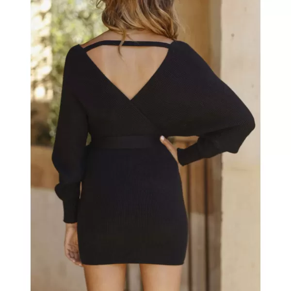 ZESICA Womens 2024 Fall Long Batwing Sleeve Wrap V Neck Knitted Backless Bodycon Pullover Sweater Dress with BeltBlack