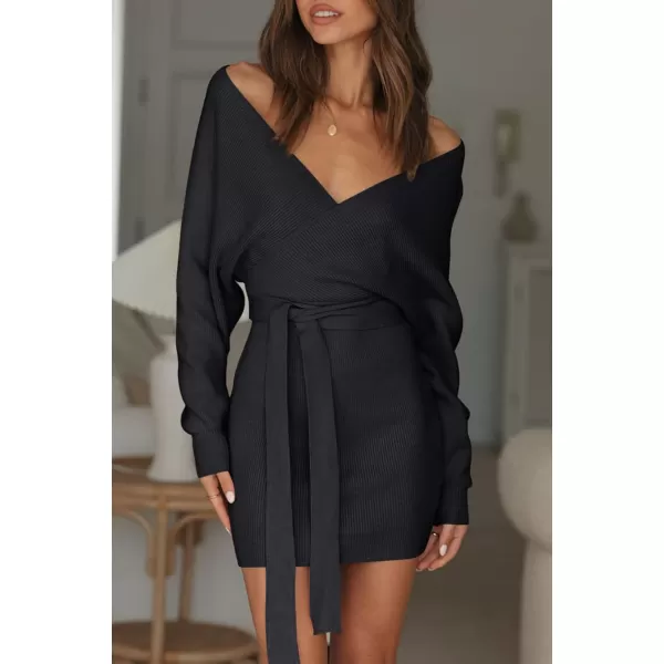 ZESICA Womens 2024 Fall Long Batwing Sleeve Wrap V Neck Knitted Backless Bodycon Pullover Sweater Dress with BeltBlack