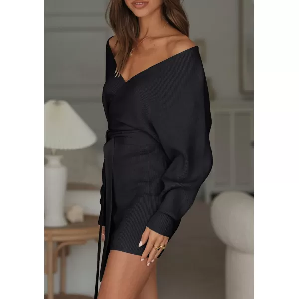 ZESICA Womens 2024 Fall Long Batwing Sleeve Wrap V Neck Knitted Backless Bodycon Pullover Sweater Dress with BeltBlack
