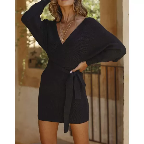 ZESICA Womens 2024 Fall Long Batwing Sleeve Wrap V Neck Knitted Backless Bodycon Pullover Sweater Dress with BeltBlack