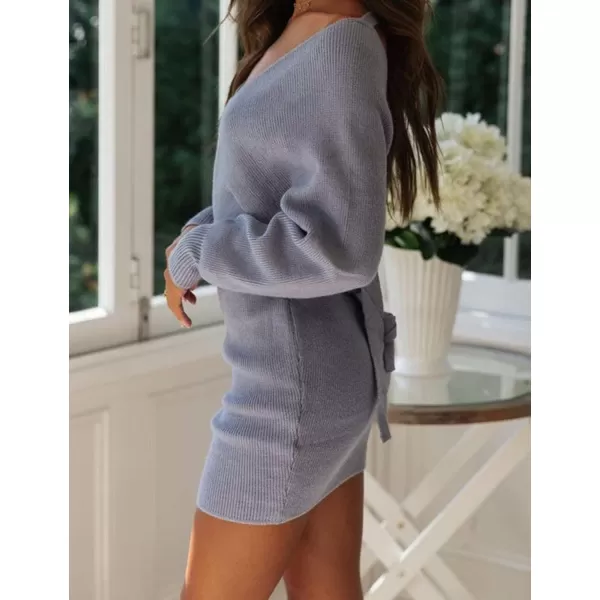 ZESICA Womens 2024 Fall Long Batwing Sleeve Wrap V Neck Knitted Backless Bodycon Pullover Sweater Dress with BeltBlue