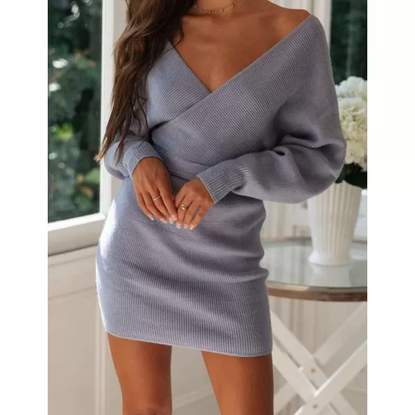 ZESICA Womens 2024 Fall Long Batwing Sleeve Wrap V Neck Knitted Backless Bodycon Pullover Sweater Dress with BeltBlue