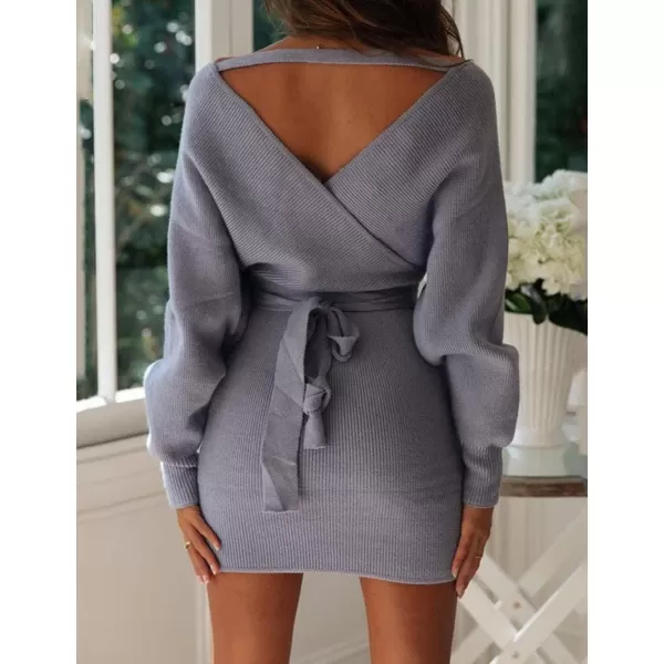 ZESICA Womens 2024 Fall Long Batwing Sleeve Wrap V Neck Knitted Backless Bodycon Pullover Sweater Dress with BeltBlue