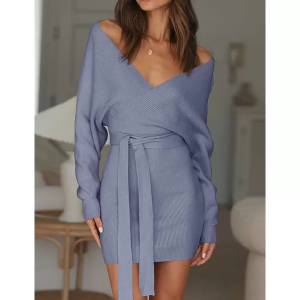 ZESICA Womens 2024 Fall Long Batwing Sleeve Wrap V Neck Knitted Backless Bodycon Pullover Sweater Dress with BeltBlue