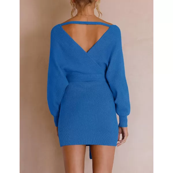 ZESICA Womens 2024 Fall Long Batwing Sleeve Wrap V Neck Knitted Backless Bodycon Pullover Sweater Dress with BeltBrightblue