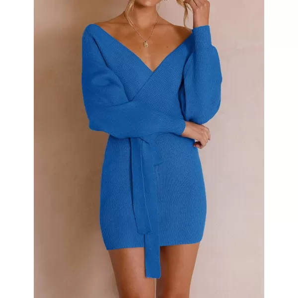ZESICA Womens 2024 Fall Long Batwing Sleeve Wrap V Neck Knitted Backless Bodycon Pullover Sweater Dress with BeltBrightblue