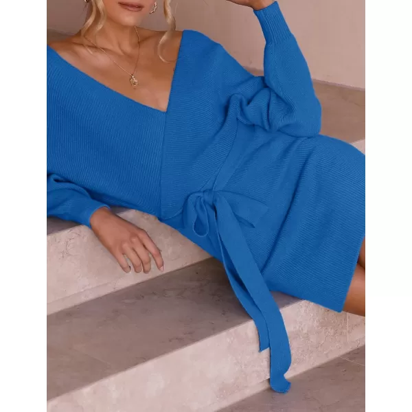ZESICA Womens 2024 Fall Long Batwing Sleeve Wrap V Neck Knitted Backless Bodycon Pullover Sweater Dress with BeltBrightblue