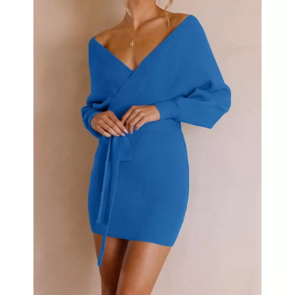 ZESICA Womens 2024 Fall Long Batwing Sleeve Wrap V Neck Knitted Backless Bodycon Pullover Sweater Dress with BeltBrightblue