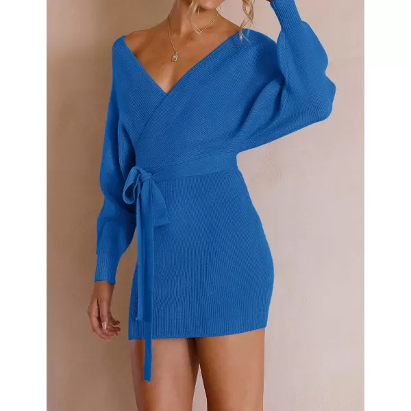 ZESICA Womens 2024 Fall Long Batwing Sleeve Wrap V Neck Knitted Backless Bodycon Pullover Sweater Dress with BeltBrightblue