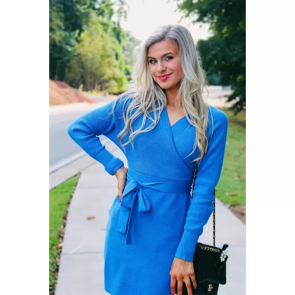 ZESICA Womens 2024 Fall Long Batwing Sleeve Wrap V Neck Knitted Backless Bodycon Pullover Sweater Dress with BeltBrightblue