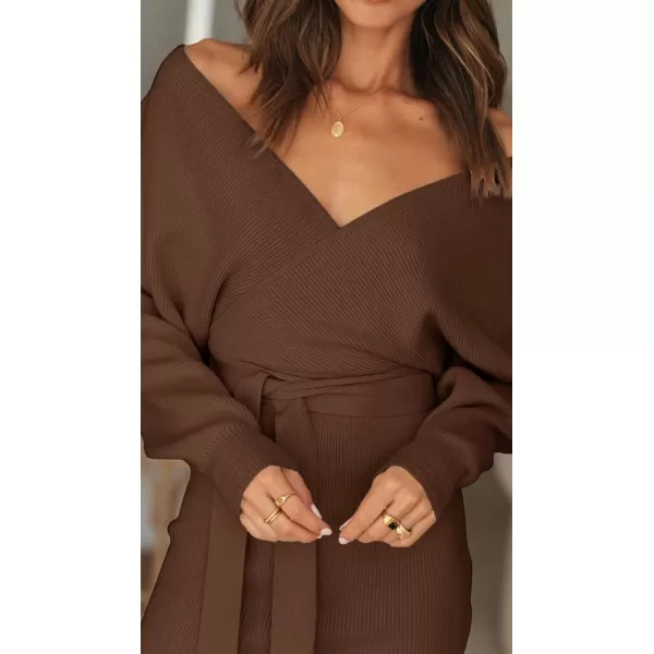 ZESICA Womens 2024 Fall Long Batwing Sleeve Wrap V Neck Knitted Backless Bodycon Pullover Sweater Dress with BeltBrown